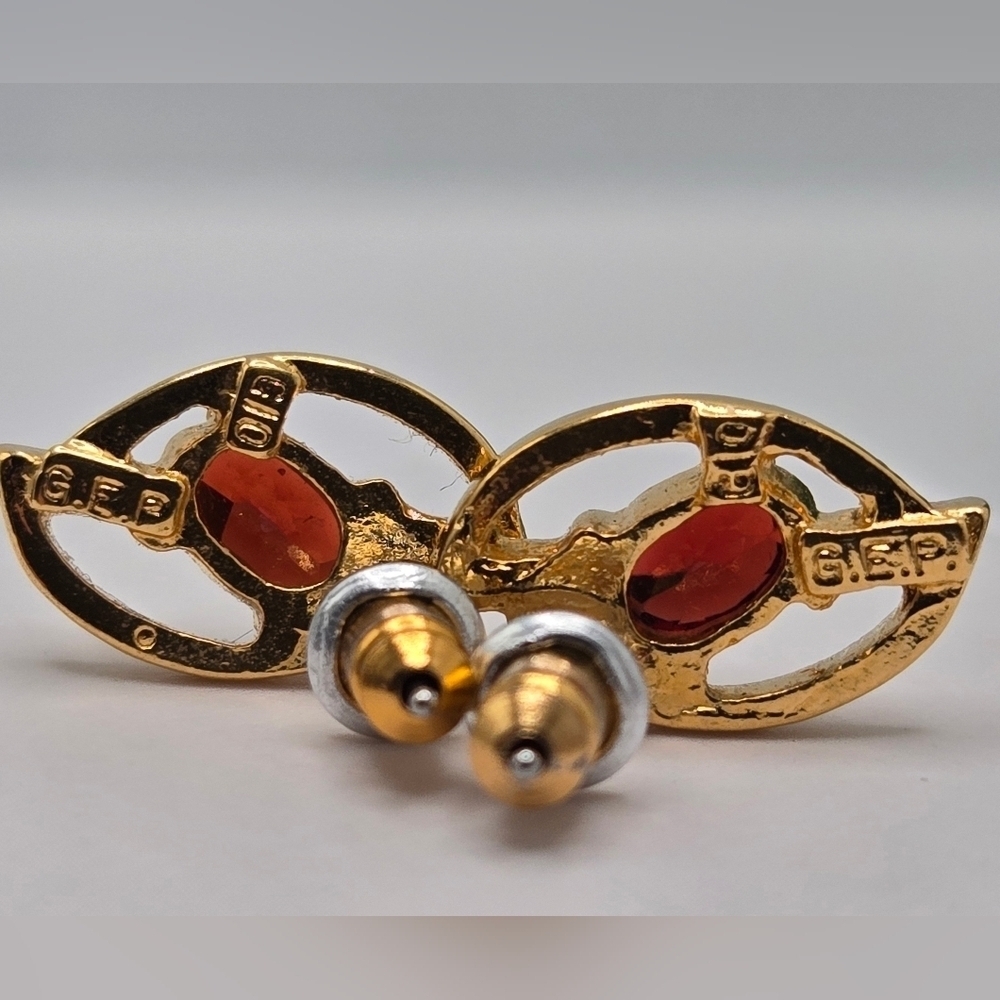 Filled Gold Red Garnet Stud Earrings Classic Gemstone Jewelry - Picture 5 of 8